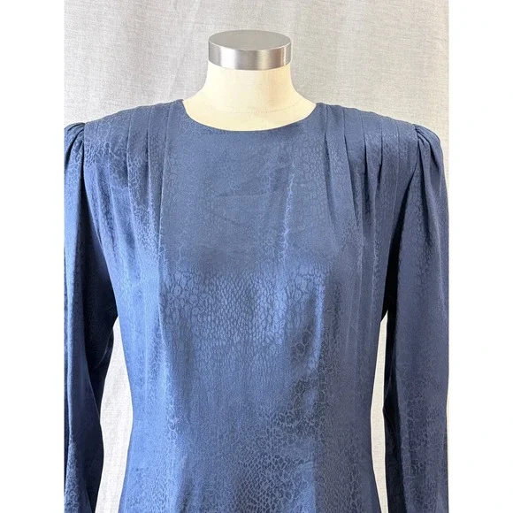 Argenti Vintage 80s Silk Leopard Jacquard Drop Waist Dress Navy 10 Dark Academia - Picture 6 of 8